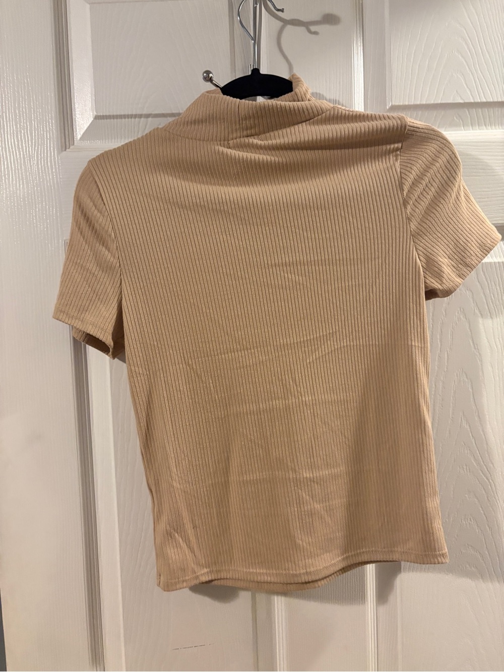 Francesca's Collections Ribbed Mock Neck Short Sleeve Top - Beige
